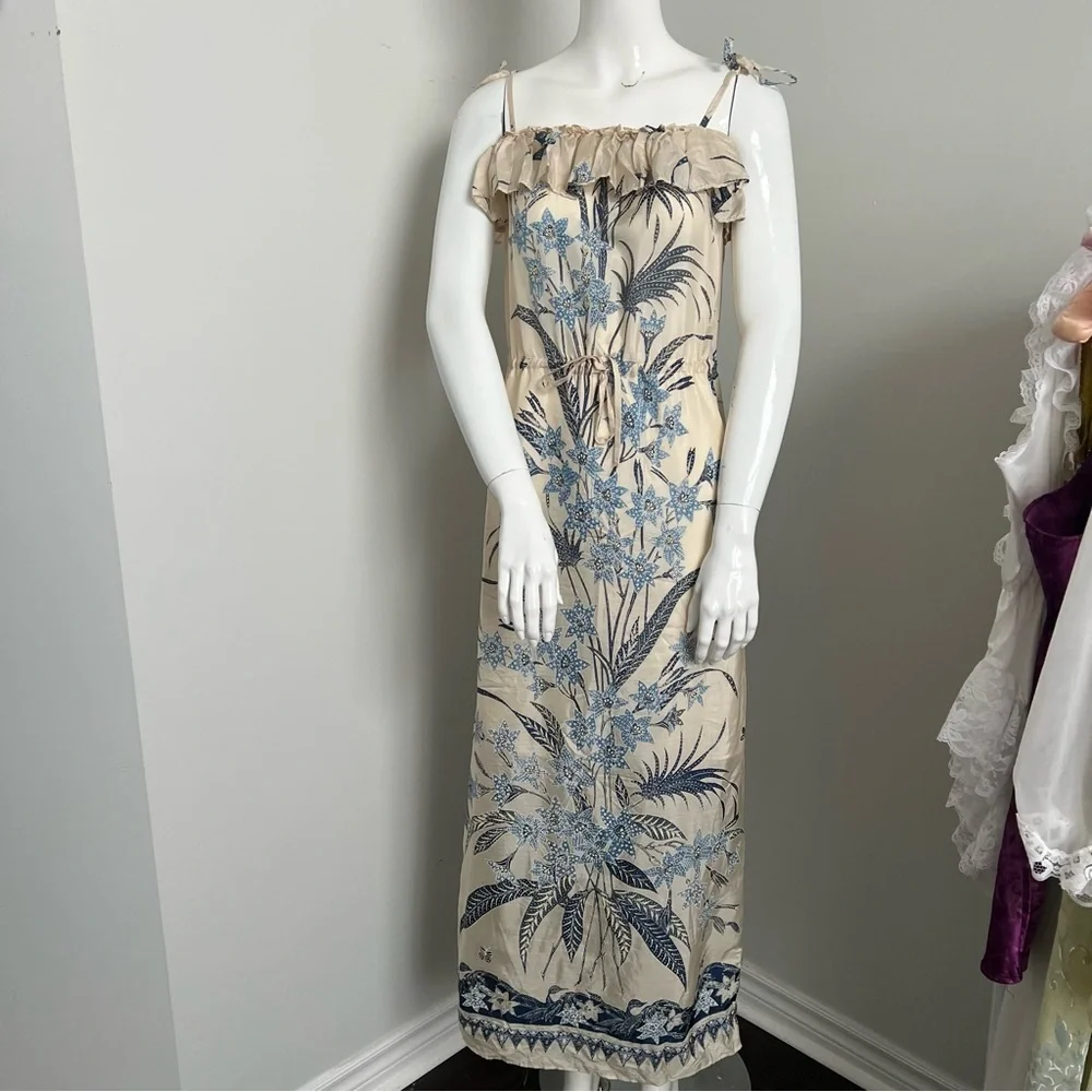 Zara 100% Silk Blue Floral Midi Sundress | Boho Summer Dress | XS - Picture 3 of 12